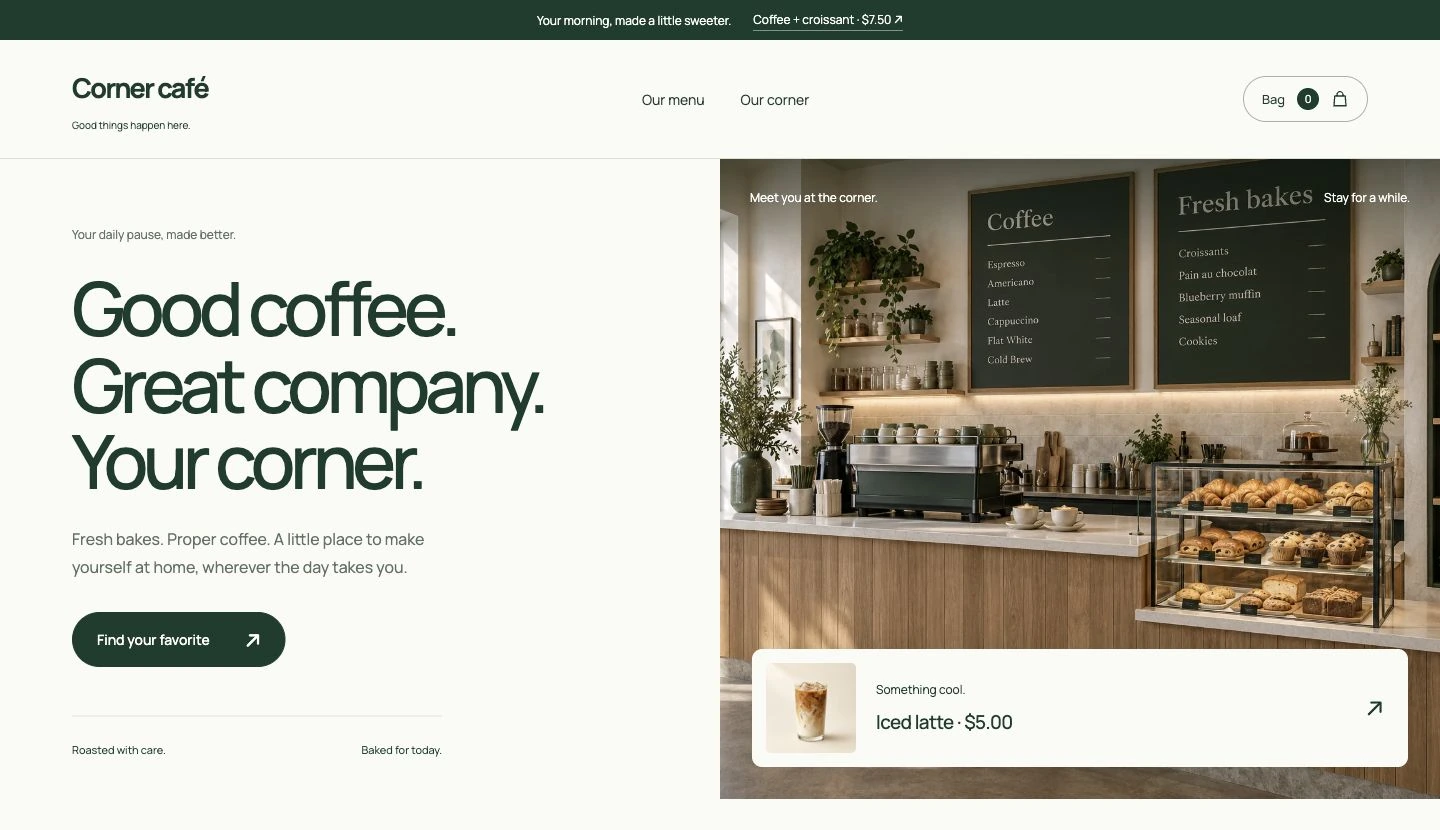 Custom café website with a large editorial headline, store photography and a featured iced latte