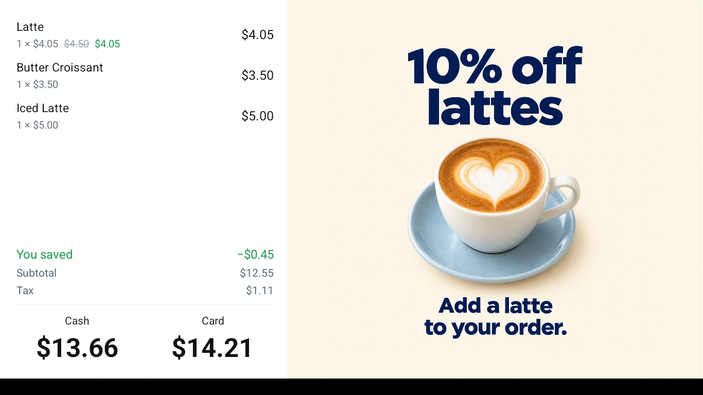 SleetPOS customer display showing the sale and a latte promotion