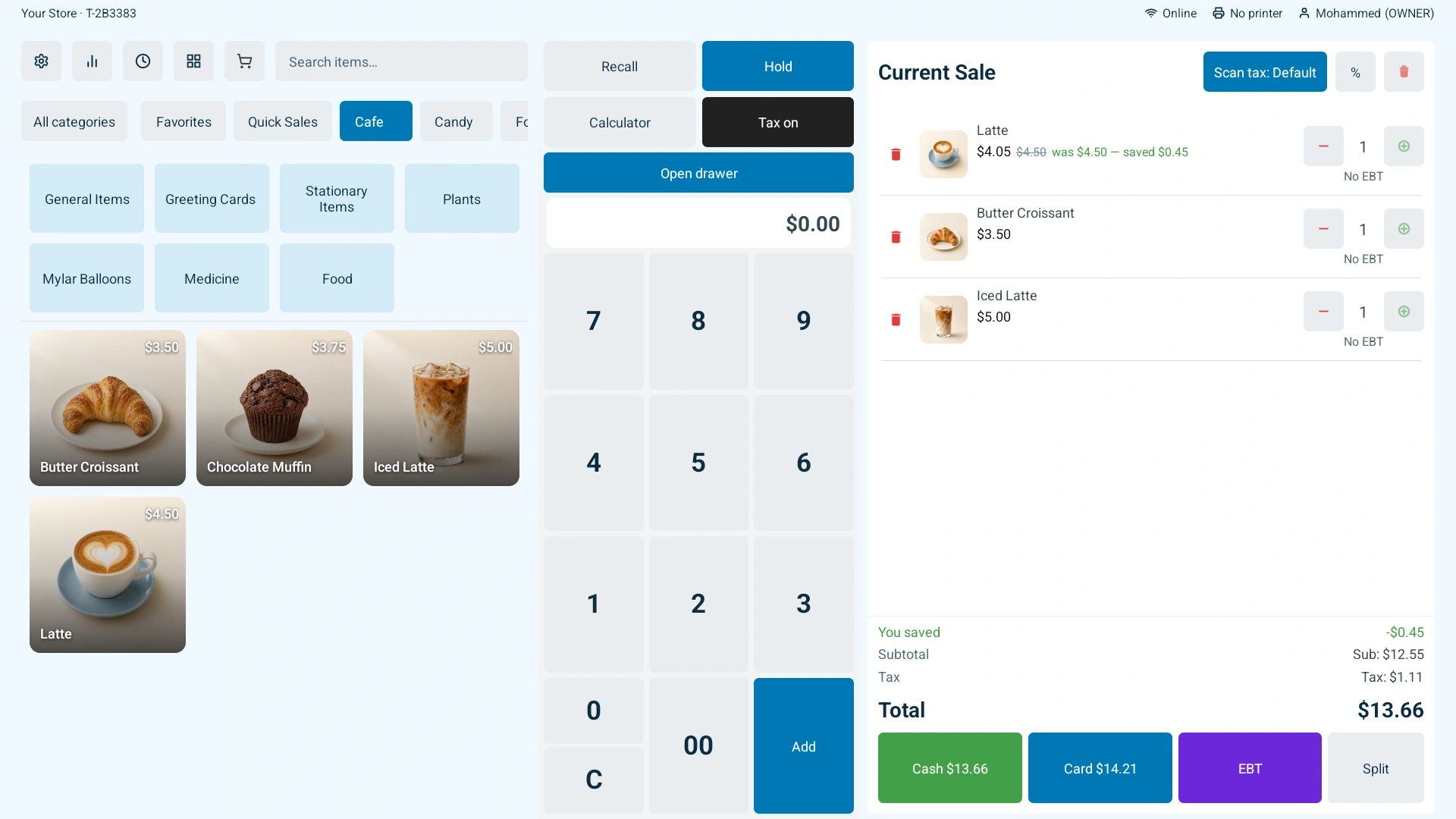 Actual SleetPOS checkout screen with products, cart and payment controls