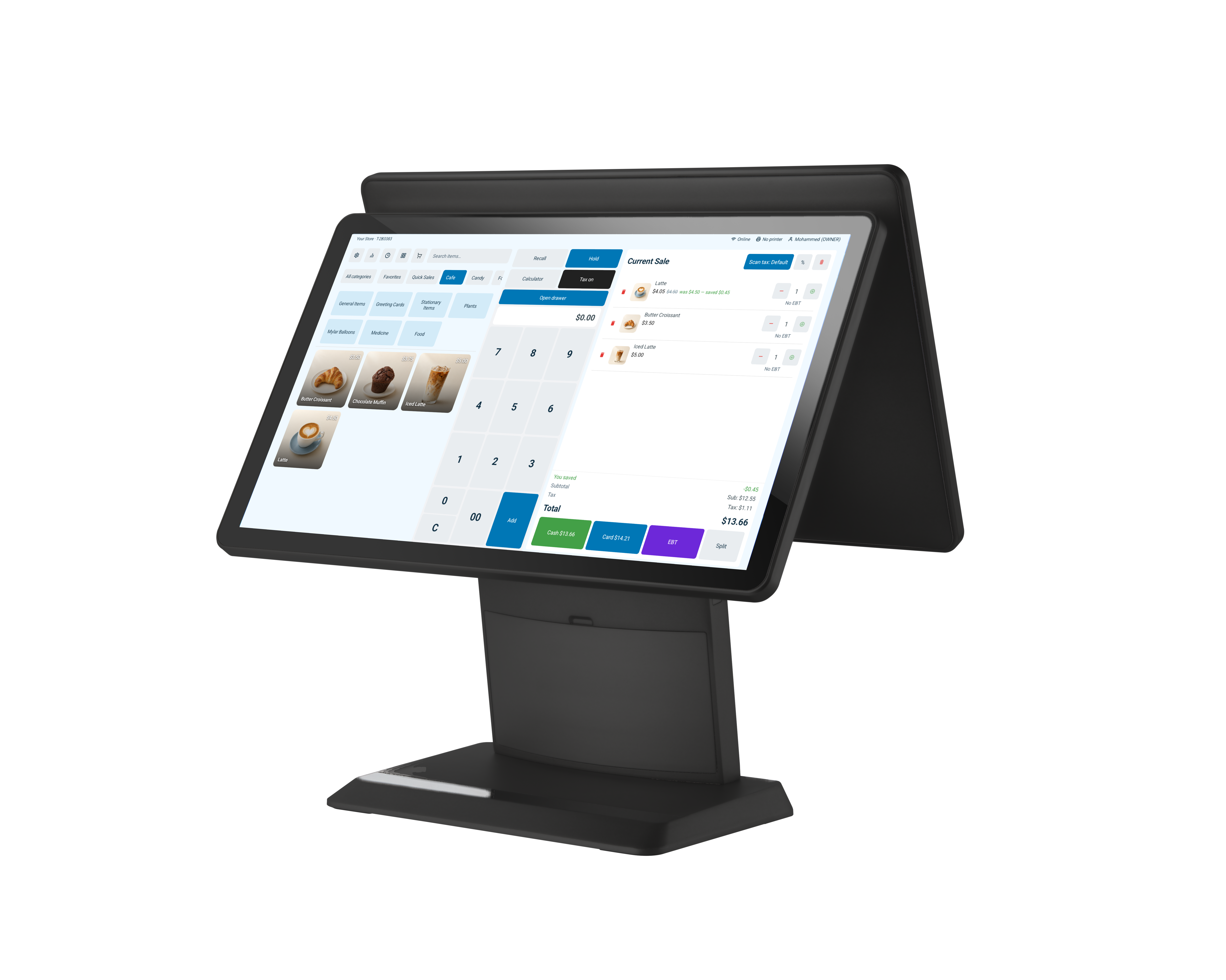 SleetPOS terminal with café products and an active checkout